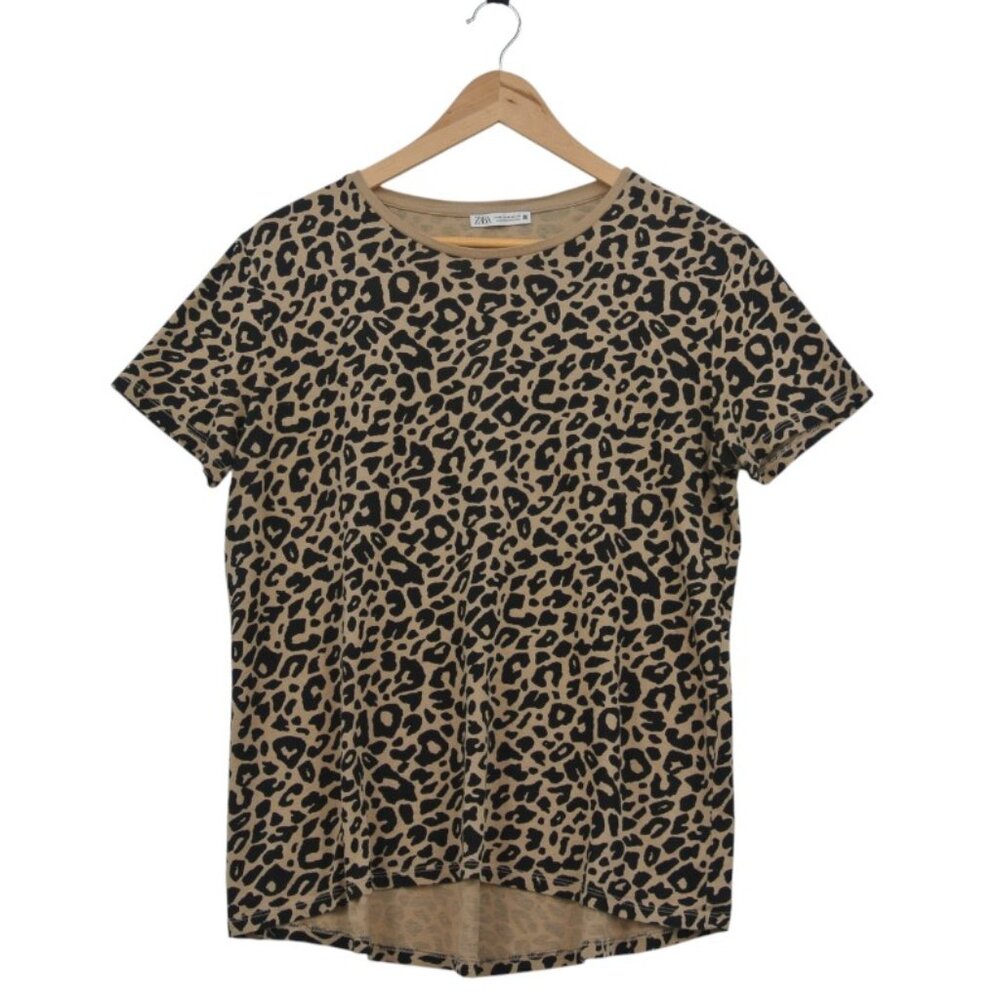 Zara Leopard Print Animal Pattern Short Sleeve Curved Hem Tee M